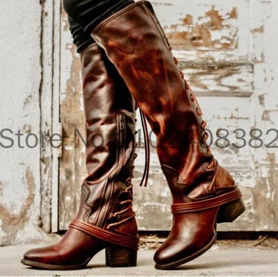 Fashion Medieval Leather Boots Carnival Women British Gothic Style Lace Up Long Tube Boot Knight Retro Cosplay Brown Shoes