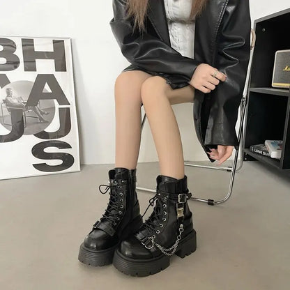 Platform Thick Gothic Boots Lady Buckle Autumn Shoes Women Wedges Ankle Boots Punk Street Cosplay Botas Motorcycle Chain Booties