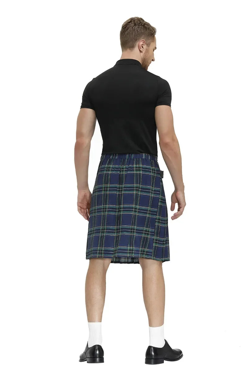 Men Scotland Kilt Traditional Plaid Belt Pleated Bilateral Chain Gothic Punk Hip-hop Avant Garde Scottish Tartan Pants Skirts