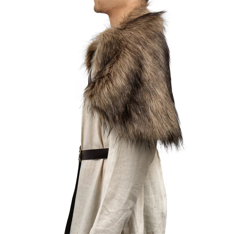 DAZCOS Medieval Faux Fur Wrap Collar Shawl Winter Shrug Cosplay Costume with Belt Viking Faux Fur Cape Shawl with Leather Straps