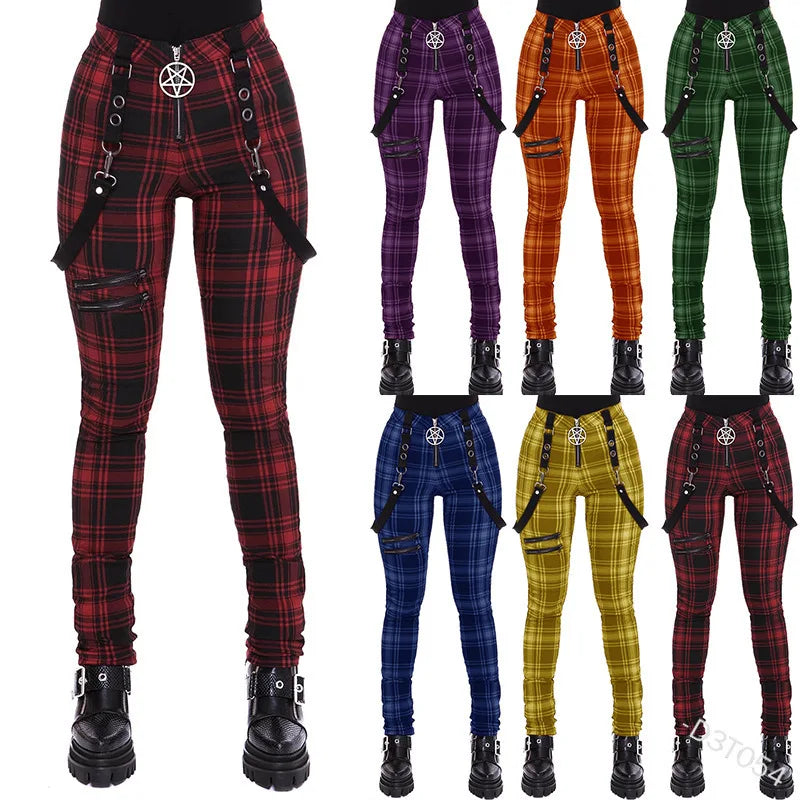 Women Cosplay Plaid Pants High Waist Gothic Punk Pant Medieval Streetwear Costumes Woman Zipper Y2k Long Bottoms Pants Trousers