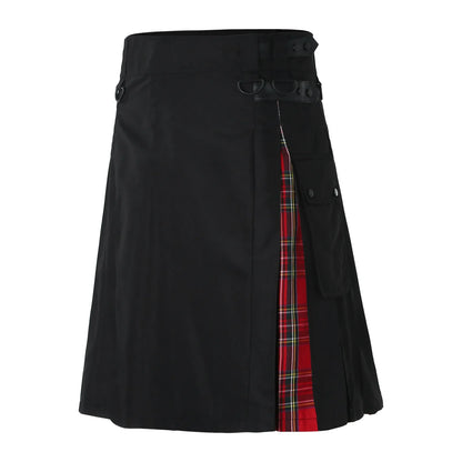 Men'S Fashion Scottish Retro Kilt Cosplay Pleated Casual Scottish Style Plaid Contrast Highland Pocket Traditional Utility Skirt