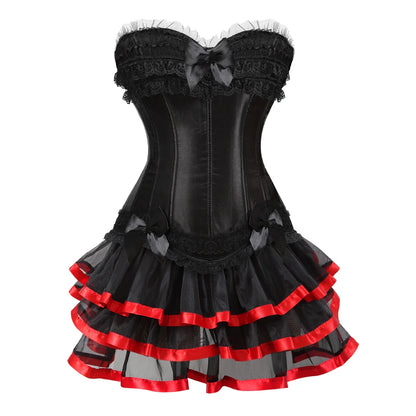 Gothic Corset Tutu Skirt Set Sexy Satin Lace Trim Overbust Corselet Top Women Burlesque Lingerie Bustier Victorian Party Costume