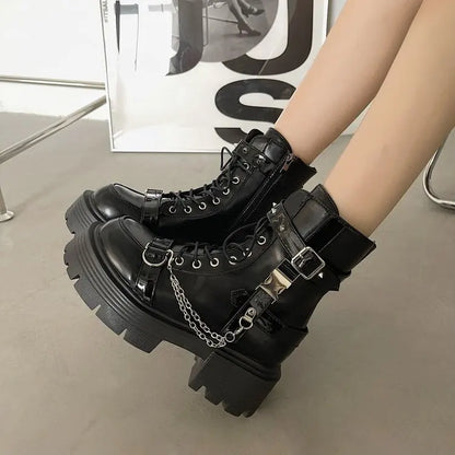 Platform Thick Gothic Boots Lady Buckle Autumn Shoes Women Wedges Ankle Boots Punk Street Cosplay Botas Motorcycle Chain Booties