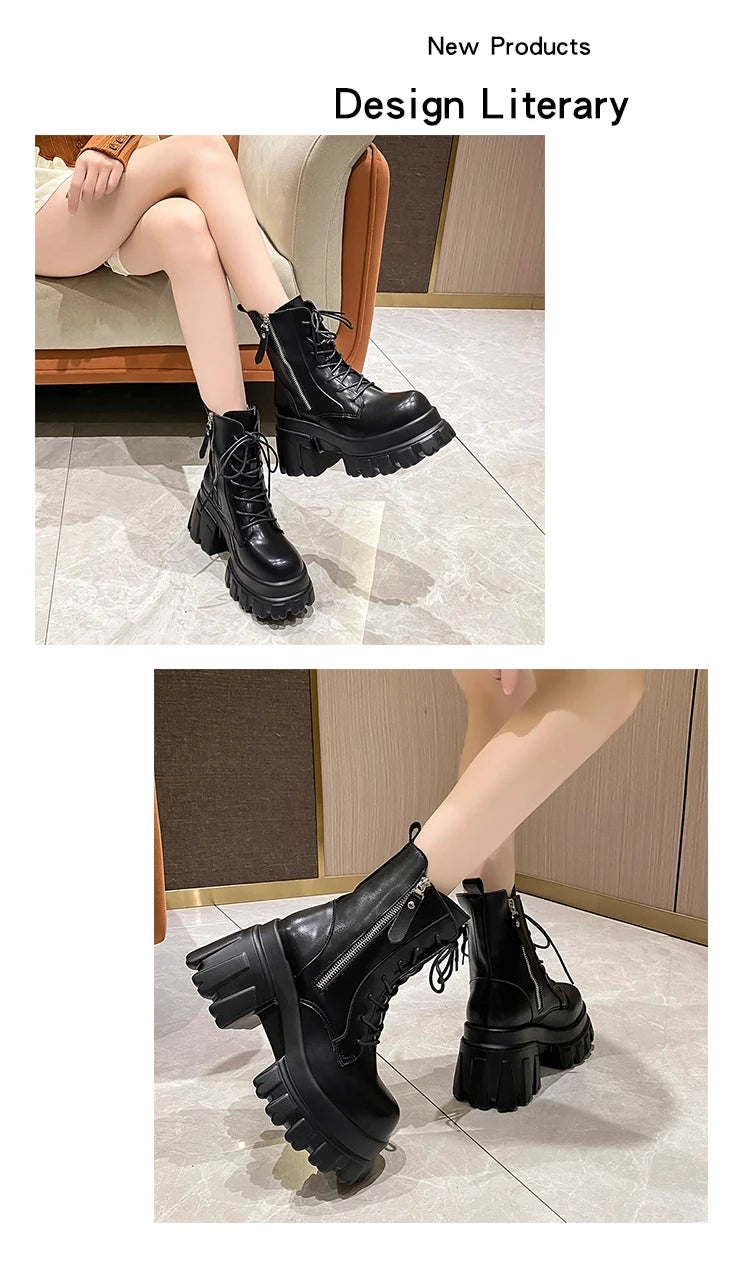 Women High Platform Ankle Boots 2023 Winter Thick Sole Motorcycle Boots 9.5CM Heels Chunky Metal Short Leather Sneakers Woman