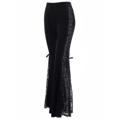 Gothic Black Lace Panel Flare Pants With Lace-Up Women High Waist Overlength Skinny Leggings Pleated Pull On Trousers