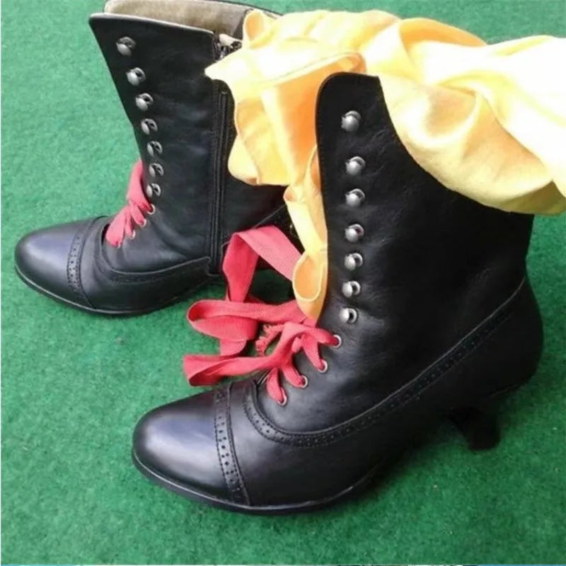 2024 New Lace Up Ladies High Heel Shoes Strange Steampunk Boot Victorian Ankle Boots Women Pointed Toe Thick Soled Short Boots