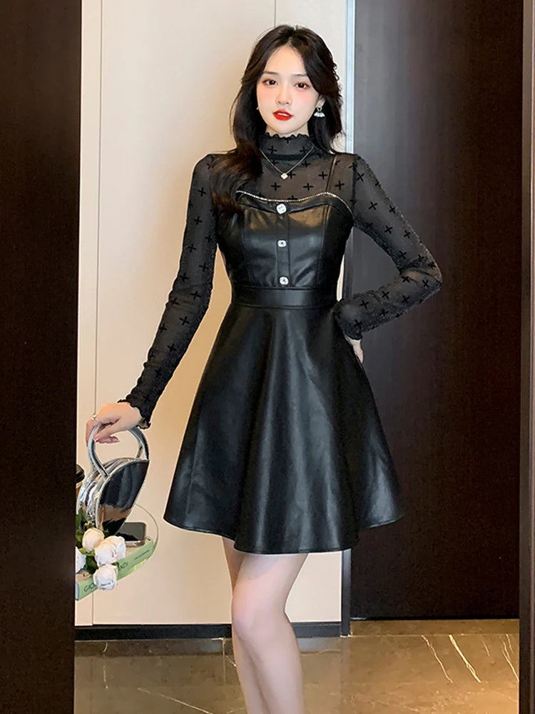 2022 Winter Vintage Gothic 2 Piece Sets Women Mesh Long Sleeve Floral Top + Leather Strap Dress Lady High Street Y2k Dress Sets