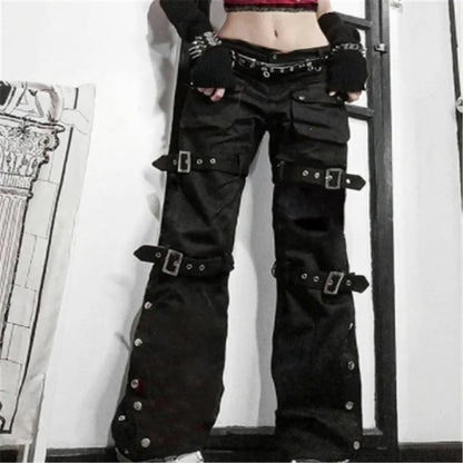 Gothic Punk Black Buckle New Pants Harajuku High Waist Big Pocket Trousers Goth Mall Grunge Cargo Pants Techwear Women