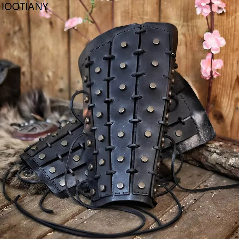 Halloween Viking Pirate Cosplay Greaves Boots Medieval Steampunk Warrior Legging Shoes Rivets Pu Kneepads Adjustable Shoe Covers