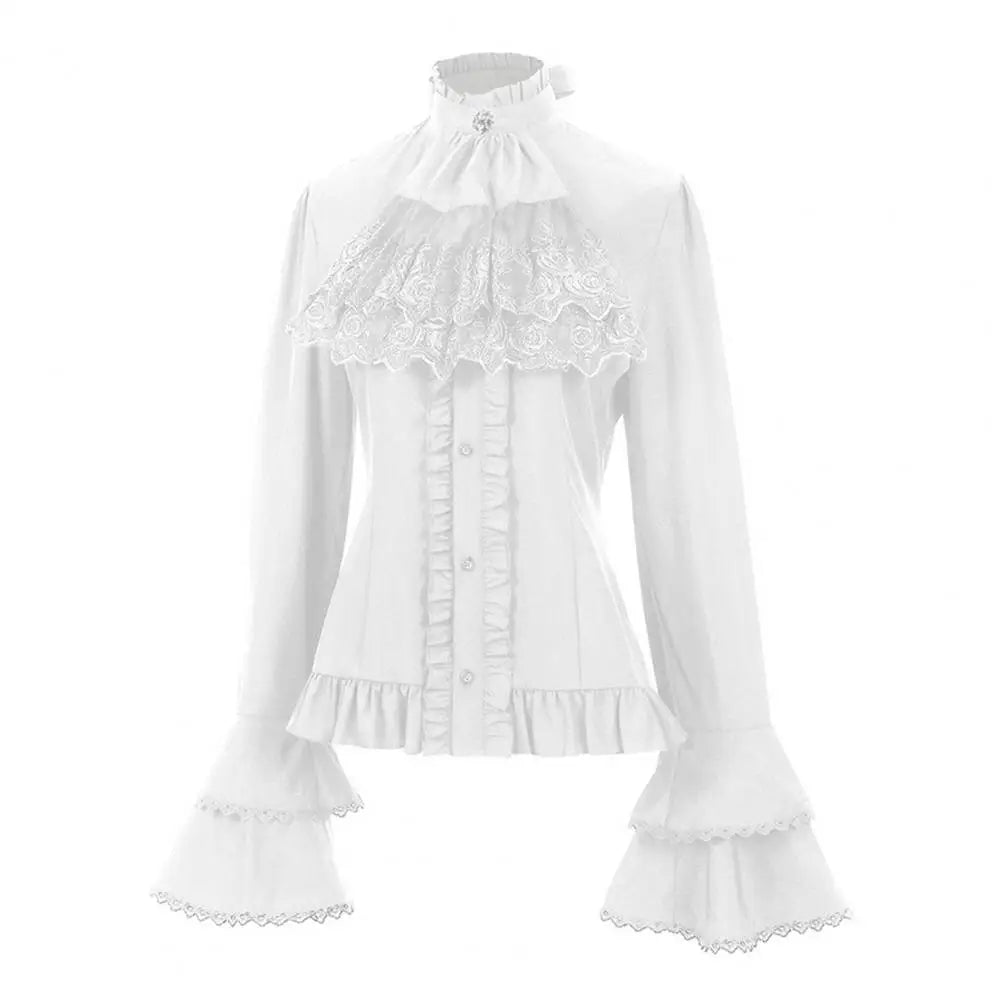 Gothic Retro Long Sleeve Shirt Long Sleeved Lace Ruffled Bow Neckline Lolita White Shirt Top Victorian Button Top Office Shirt