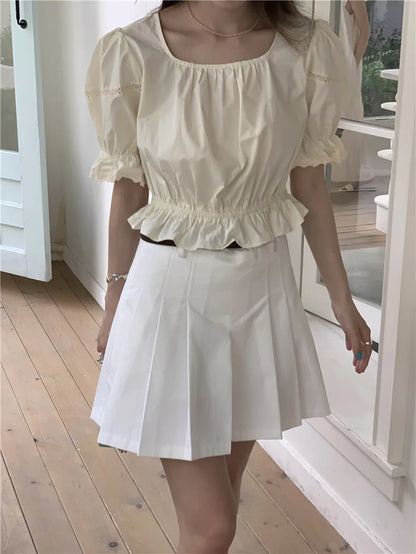 Lantern Sleeve White Ruffles Slash Neck Short Sweet Lolita Shirt Women Victorian Gothic Ladies Top Steampunk Vintage Clothes