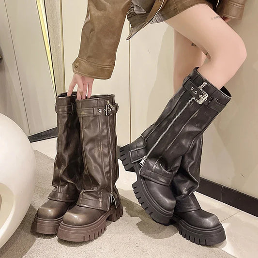 Big Round Head Knee-High Boots Women Chunky Goth Shoe Platform Buckle Belt Side Zipper Design Thick High Heels Boot Botines