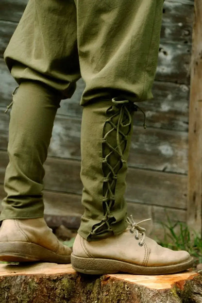 Medieval/Viking Style Washed Cotton Trousers with Side Pockets Elastic Waistband and Lace-up Calf