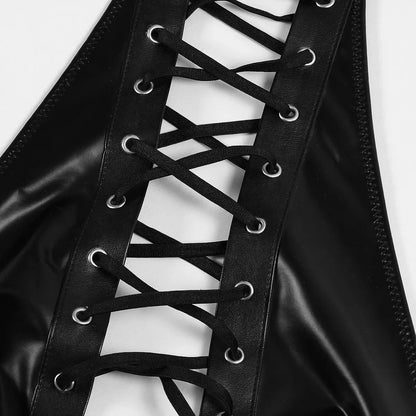 New leather cloth splicing grid cross strap sexy neck beauty back erotic underwear set high waist lingerie sexy costume women