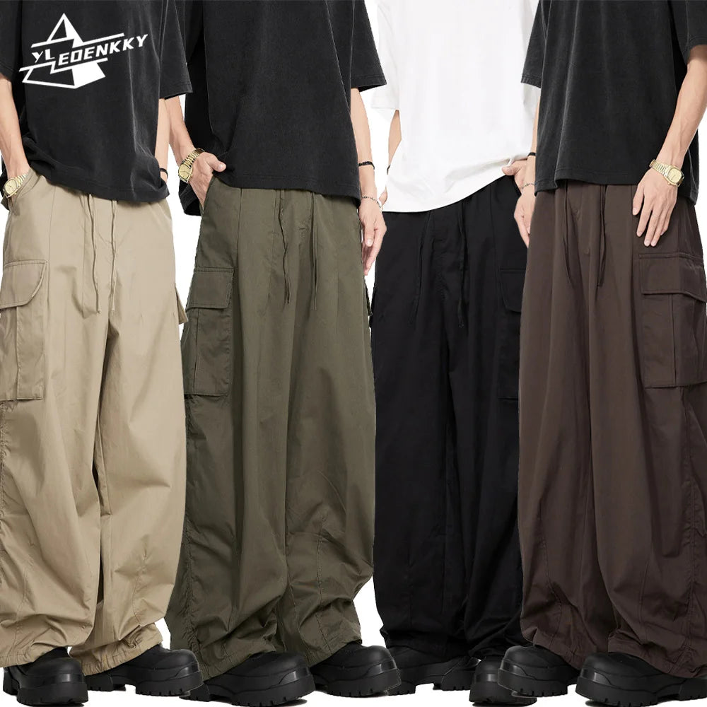 Harajuku Cargo Pants Men Retro Hip-hop Multi-pocket Trousers Solid Color Pleated Loose Paratrooper Pants Unisex Casual Bottoms