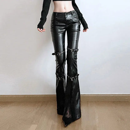 American Spice Girl PU Leather Flare Pant Goth Buckle Lace Patchwork Pants Women Fashion Vintage Aesthetics Slim Leather Pants