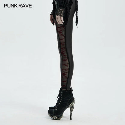 PUNK RAVE Women's Gothic Black Leggings Fashion Personality Tight High Elastic Lace Ribbon Band Small Feet Long Pants Women