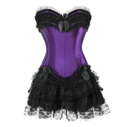 Gothic Corset Tutu Skirt Set Sexy Satin Lace Trim Overbust Corselet Top Women Burlesque Lingerie Bustier Victorian Party Costume