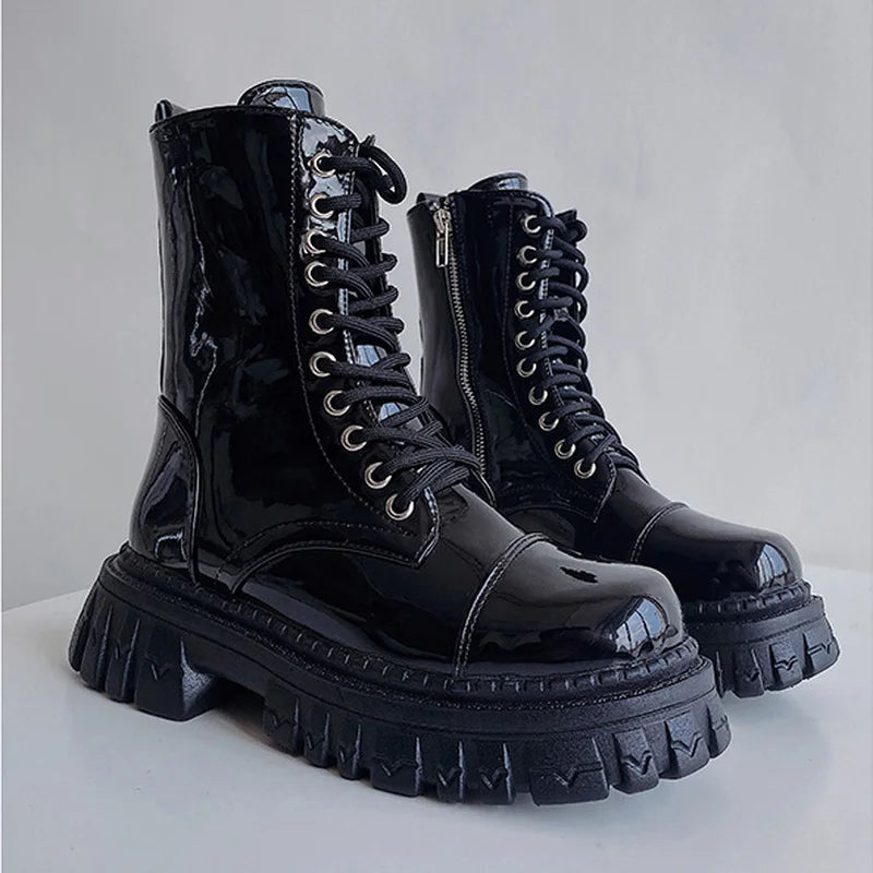 New 2024 Cool Punk Women Motorcycle Boots Lace Up Chunky Platform Goth Shoes Casual Brand Combat Street Shoes Zapatos De Muje