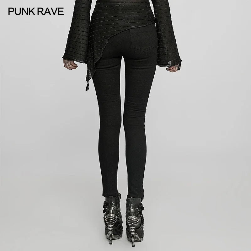 PUNK RAVE Women's Punk Daily Tight Fit Jeans Spliced Faux Leather Personality Black Pants Women Drawstring Design