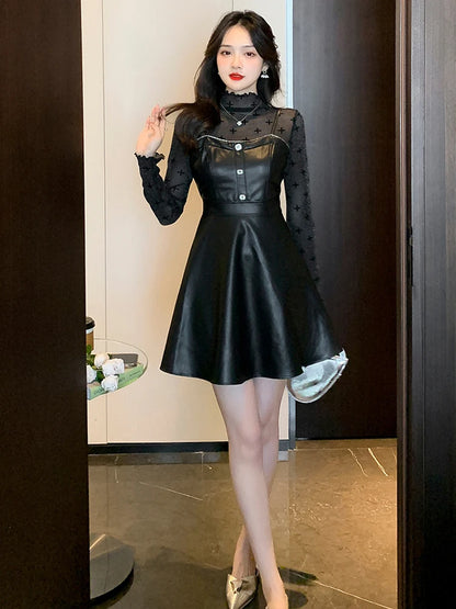 2022 Winter Vintage Gothic 2 Piece Sets Women Mesh Long Sleeve Floral Top + Leather Strap Dress Lady High Street Y2k Dress Sets