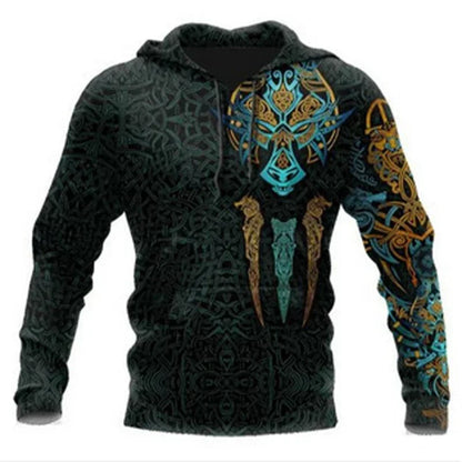 2024 Mens Hoodies Eagle Tattoo Pattern Vikings 3D Printed Fashion Casual Harajuku Hip Hop Autumn and Winter Oversized Sudaderas