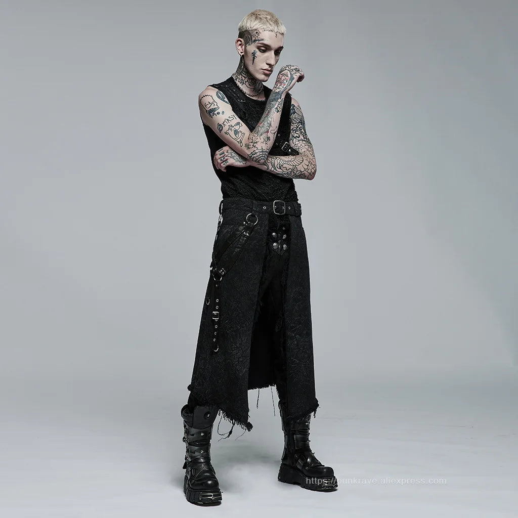 PUNK RAVE Men's Gothic Dark Textured Printed Stylish Kilt Decorated Which Is Detachable Leather Loop Party Club Men Skirts Pants