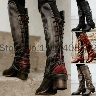 Fashion Medieval Leather Boots Carnival Women British Gothic Style Lace Up Long Tube Boot Knight Retro Cosplay Brown Shoes