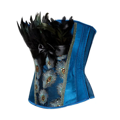 Women's Sexy Corset with Feather Lace Up Satin Overbust Bustier Top Ladies Shaper Peacock Floral Princess Costumes