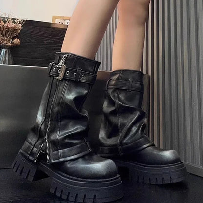 2024 Punk Platform Fold Ankle Boots for Women Belt Buckle Cool Combat Booties Goth Street Shoes For Women