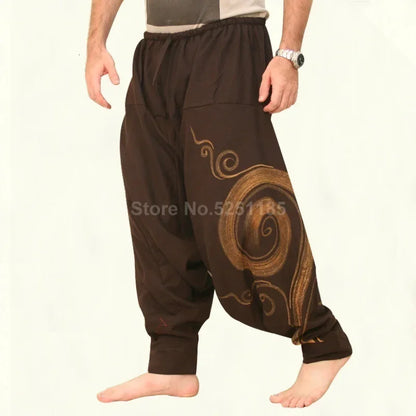 Men Chinese Style Print Bloom Harem Pants Japanese Loose Wide Leg Trousers African Indian Bottoms Pirate Viking Medieval Costume