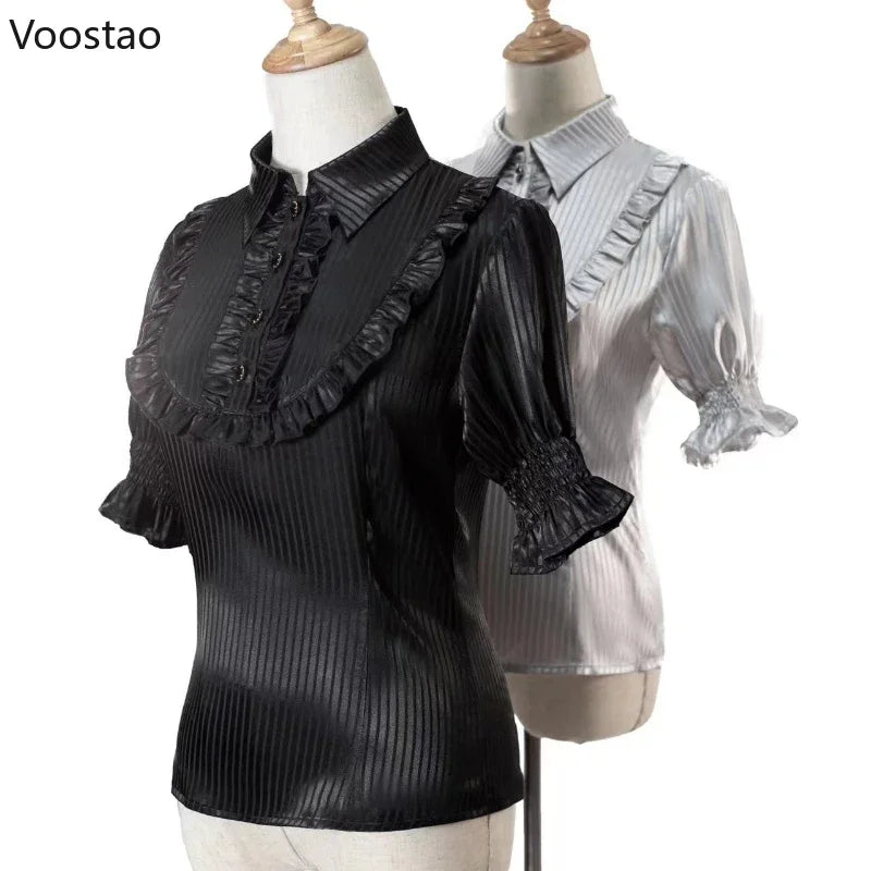 Victorian Gothic Lolita Blouses Women Japanese Y2k Chic Ruffle Striped Tops Vintage Elegant Office Lady Sweet Puff Sleeve Shirts