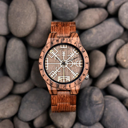 BOBO BIRD Viking Wooden Men Watch with Helm of Awe Unique Runic Circle Vegvisir Valknut Custom Wristwatch Norse Symbol Watches