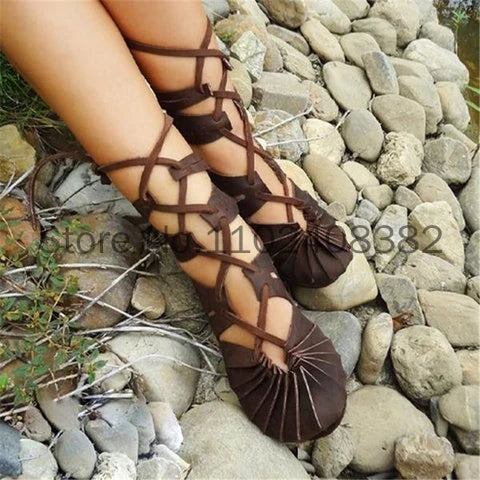 Medieval Gothic Vintage Boots for Women Elf Witch Leaves Lace Up Shoes Cosplay Costume Vintage Strappy Flat Sandals Summer