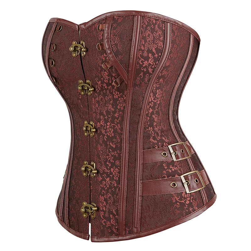 Waist Trainer Brocade Steampunk Jacquard Faux Leather Studded Overbust Brown Corset Bustier S-6XL