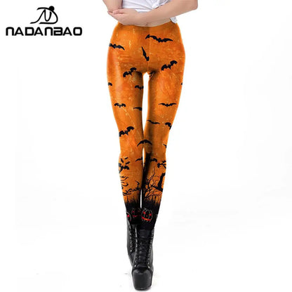 Nadanbao Women leggings Halloween Ghost Green Leaf Skull print Leggings Sexy Tights Trousers Female Mid Waist Elastic Pants