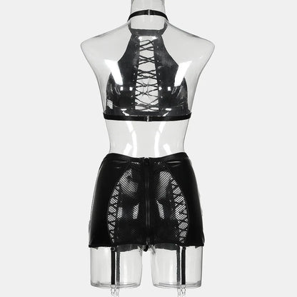 New leather cloth splicing grid cross strap sexy neck beauty back erotic underwear set high waist lingerie sexy costume women