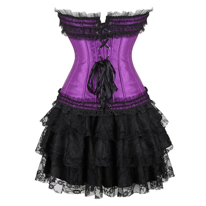 Gothic Corset Tutu Skirt Set Sexy Satin Lace Trim Overbust Corselet Top Women Burlesque Lingerie Bustier Victorian Party Costume