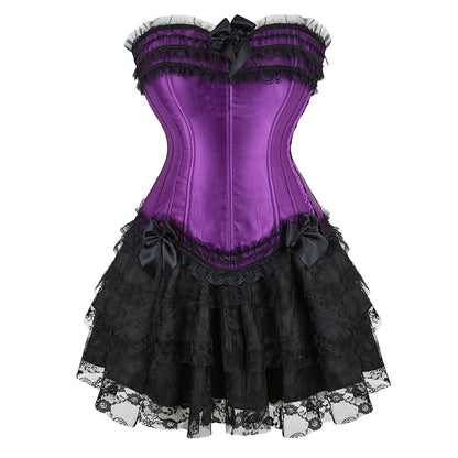 Gothic Corset Tutu Skirt Set Sexy Satin Lace Trim Overbust Corselet Top Women Burlesque Lingerie Bustier Victorian Party Costume