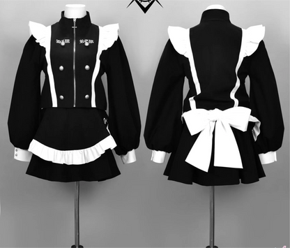 Harajuku Punk Style Japanese Mine Women Autumn Gothic Maid Stand Collar Long Sleeve Zipper Jacket Coat Cute Shirt 2 Piece Suit