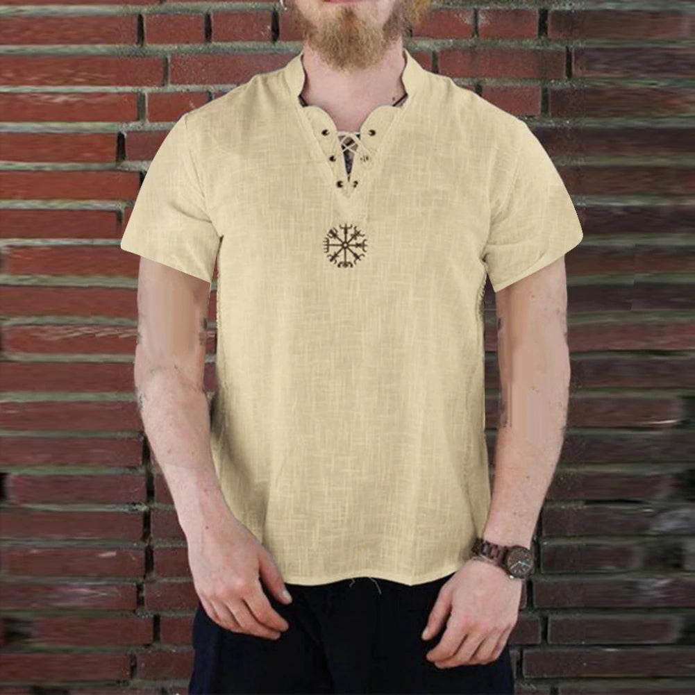 Men t-shirts Unique Design Vintage Linen Tops Ancient Viking Embroidery Lace Up V Neck Long Sleeve T-Shirt Top футболка оверсайз