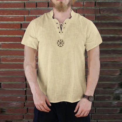 Men t-shirts Unique Design Vintage Linen Tops Ancient Viking Embroidery Lace Up V Neck Long Sleeve T-Shirt Top футболка оверсайз