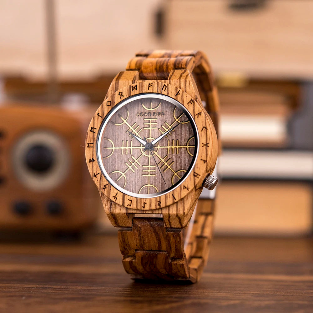 BOBO BIRD Viking Wooden Men Watch with Helm of Awe Unique Runic Circle Vegvisir Valknut Custom Wristwatch Norse Symbol Watches