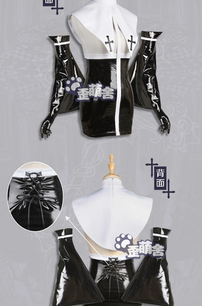 Sexy Nun Uniform Faux Gothic Leather Nun Dress Costume Full Set for Geek Girl Halloween Lingerie Cosplay Bodysuit Anime Cosplay