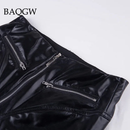 Gothic Pu Leather High Waist Straight Leather Pants Sexy Tight Hip Shape Legging Streetwear Zipper Patchwork Motorcycle Trousers