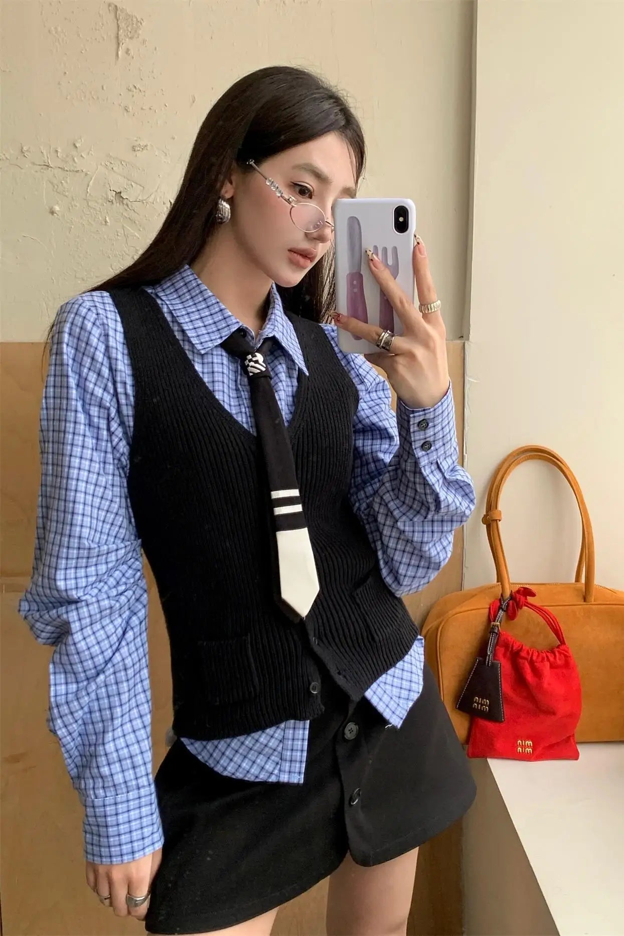 Women Korean Shoujo 2000s Preppy Harajuku Outfits 3 Piece Set Coquette Long Sleeve Plaid Plaid Shirts + Knit Vest + Mini Skirts