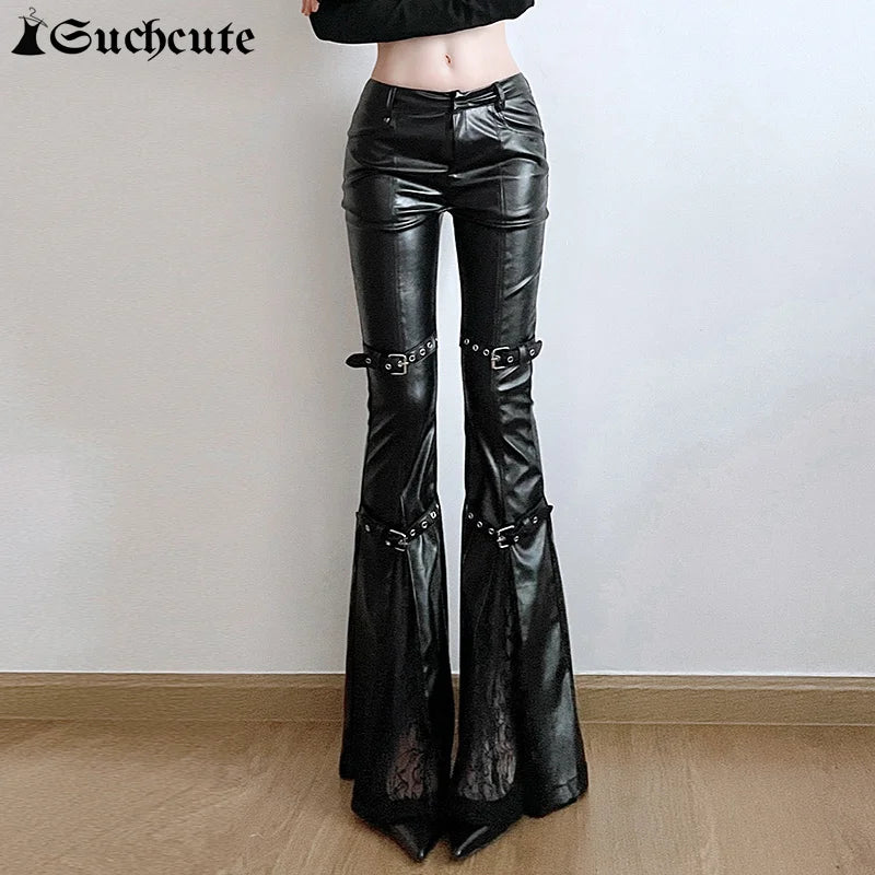 SUCHCUTE PU Leather Flare Pant Goth Buckle Lace Patchwork Pants Women Fashion Y2K Streetwear Vintage Aesthetics Casual Trouesrs