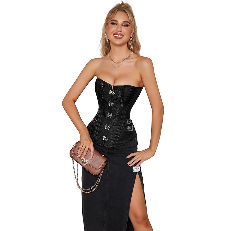 Waist Trainer Brocade Steampunk Jacquard Faux Leather Studded Overbust Brown Corset Bustier S-6XL