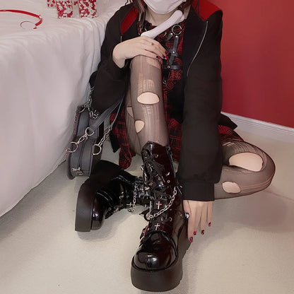 Metal Chain Patent Leather Punk Ankle Boots Women 2023 Winter Designer Chunky Platform Boots Woman Black Gothic Lolita Shoes